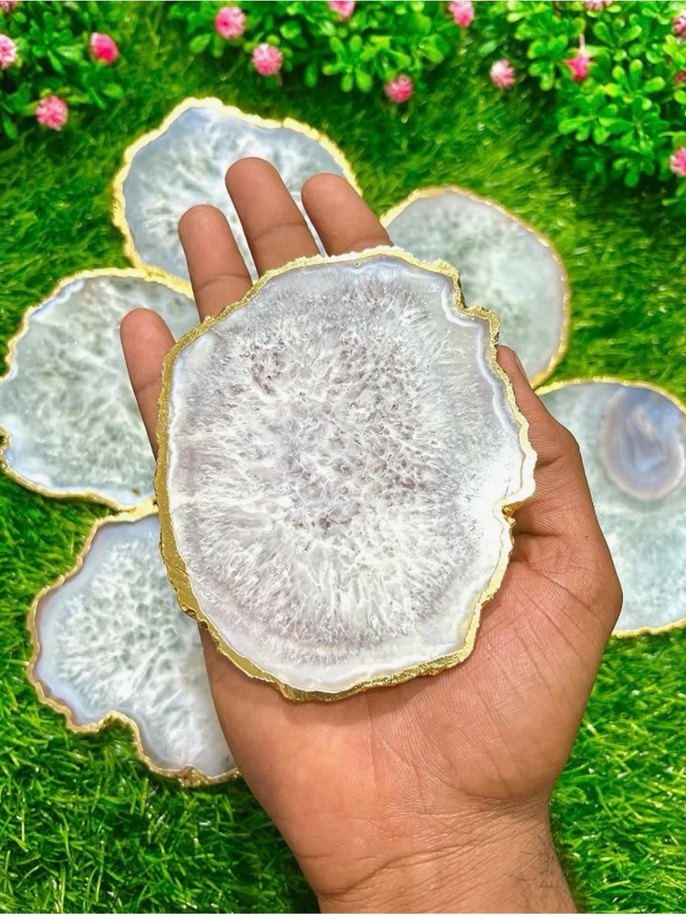 White Agate Coaster with Gold Trim — Decorative Dining Accent